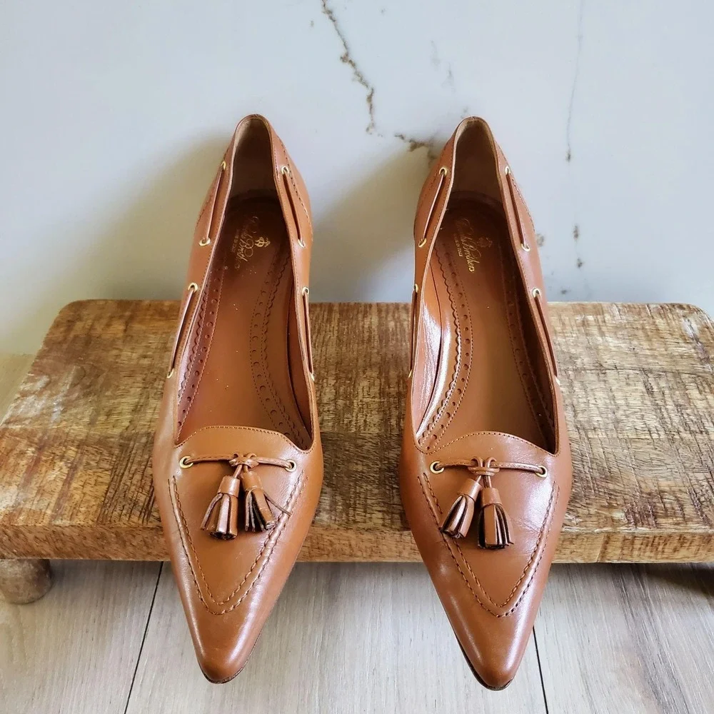 Brooks Brothers Pumps Womens 8 Brown Leather Tassel Pointed Kitten Heel Italy